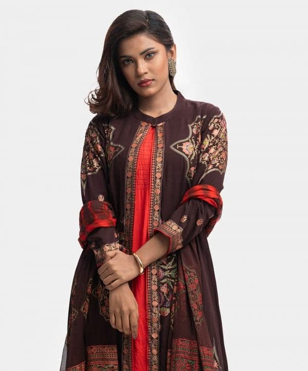 Brown Viscose Shrug Style Salwar Kameez